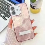 For iPhone 16 Plating Glitter Texture Fold Holder TPU Phone Case with Lens Film(Pink Tinfoil Texture)