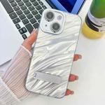 For iPhone 15 Plating Glitter Texture Fold Holder TPU Phone Case with Lens Film(White Water Ripples)