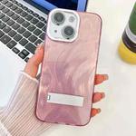 For iPhone 15 Plating Glitter Texture Fold Holder TPU Phone Case with Lens Film(Pink Feather Yarn)