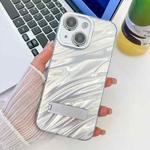 For iPhone 14 Plating Glitter Texture Fold Holder TPU Phone Case with Lens Film(White Water Ripples)