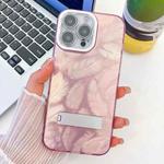 For iPhone 13 Pro Plating Glitter Texture Fold Holder TPU Phone Case with Lens Film(Pink Feathers)