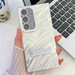 For Samsung Galaxy S24 FE 5G Plating Glitter Texture Fold Holder TPU Phone Case with Lens Film(White Water Ripples)