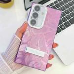 For Samsung Galaxy S24 FE 5G Plating Glitter Texture Fold Holder TPU Phone Case with Lens Film(Purple Feathers)