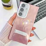 For Samsung Galaxy S24 FE 5G Plating Glitter Texture Fold Holder TPU Phone Case with Lens Film(Pink Feather Yarn)