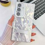 For Samsung Galaxy S24 FE 5G Plating Glitter Texture Fold Holder TPU Phone Case with Lens Film(White Wrinkles)