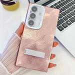 For Samsung Galaxy S24 FE 5G Plating Glitter Texture Fold Holder TPU Phone Case with Lens Film(Pink Tinfoil Texture)