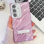 For Samsung Galaxy A15 5G Plating Glitter Texture Fold Holder TPU Phone Case with Lens Film(Purple Water Ripples)