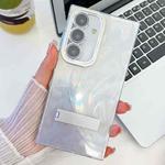 For Samsung Galaxy A55 5G Plating Glitter Texture Fold Holder TPU Phone Case with Lens Film(White Feather Yarn)