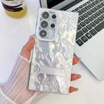 For Samsung Galaxy S24 Ultra 5G Plating Glitter Texture Fold Holder TPU Phone Case with Lens Film(White Wrinkles)