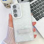 For Samsung Galaxy S24 5G Plating Glitter Texture Fold Holder TPU Phone Case with Lens Film(White Shell Pattern)