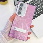 For Samsung Galaxy S24 5G Plating Glitter Texture Fold Holder TPU Phone Case with Lens Film(Purple Feathers)