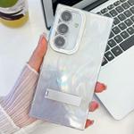 For Samsung Galaxy S24 5G Plating Glitter Texture Fold Holder TPU Phone Case with Lens Film(White Feather Yarn)