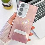 For Samsung Galaxy A25 5G Plating Glitter Texture Fold Holder TPU Phone Case with Lens Film(Pink Feather Yarn)