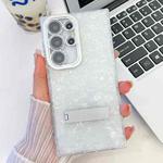 For Samsung Galaxy S23 Ultra 5G Plating Glitter Texture Fold Holder TPU Phone Case with Lens Film(White Shell Pattern)