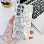 For Samsung Galaxy S23 Ultra 5G Plating Glitter Texture Fold Holder TPU Phone Case with Lens Film(White Wrinkles)