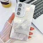For Samsung Galaxy A36 5G Plating Glitter Texture Fold Holder TPU Phone Case with Lens Film(White Tinfoil Texture)