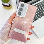 For Samsung Galaxy S25 5G Plating Glitter Texture Fold Holder TPU Phone Case with Lens Film(Pink Feather Yarn)
