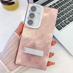 For Samsung Galaxy S25 5G Plating Glitter Texture Fold Holder TPU Phone Case with Lens Film(Pink Tinfoil Texture)
