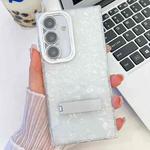 For Samsung Galaxy S25+ 5G Plating Glitter Texture Fold Holder TPU Phone Case with Lens Film(White Shell Pattern)