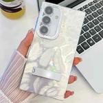 For Samsung Galaxy S25+ 5G Plating Glitter Texture Fold Holder TPU Phone Case with Lens Film(White Feathers)