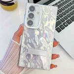 For Samsung Galaxy S25+ 5G Plating Glitter Texture Fold Holder TPU Phone Case with Lens Film(White Wrinkles)