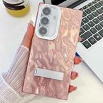 For Samsung Galaxy S25+ 5G Plating Glitter Texture Fold Holder TPU Phone Case with Lens Film(Pink Wrinkles)