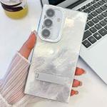 For Samsung Galaxy S25+ 5G Plating Glitter Texture Fold Holder TPU Phone Case with Lens Film(White Tinfoil Texture)