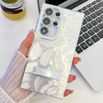 For Samsung Galaxy S25 Ultra 5G Plating Glitter Texture Fold Holder TPU Phone Case with Lens Film(White Feathers)