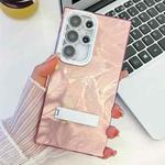 For Samsung Galaxy S25 Ultra 5G Plating Glitter Texture Fold Holder TPU Phone Case with Lens Film(Pink Feathers)