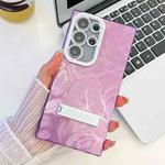 For Samsung Galaxy S25 Ultra 5G Plating Glitter Texture Fold Holder TPU Phone Case with Lens Film(Purple Feathers)