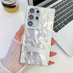 For Samsung Galaxy S25 Ultra 5G Plating Glitter Texture Fold Holder TPU Phone Case with Lens Film(White Wrinkles)