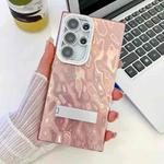 For Samsung Galaxy S25 Ultra 5G Plating Glitter Texture Fold Holder TPU Phone Case with Lens Film(Pink Wrinkles)