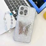 For iPhone 16 Pro Max Plating Glitter Lens Film Texture Butterfly Holder Wristband Phone Case(White Shell Pattern)