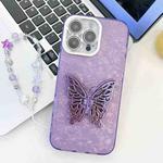 For iPhone 16 Pro Max Plating Glitter Lens Film Texture Butterfly Holder Wristband Phone Case(Purple Shell Pattern)