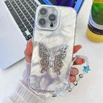 For iPhone 16 Pro Max Plating Glitter Lens Film Texture Butterfly Holder Wristband Phone Case(White Feathers)