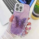 For iPhone 16 Pro Max Plating Glitter Lens Film Texture Butterfly Holder Wristband Phone Case(Purple Feather Yarn)