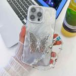 For iPhone 16 Pro Plating Glitter Lens Film Texture Butterfly Holder Wristband Phone Case(White Feather Yarn)