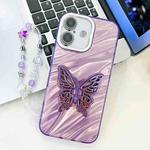 For iPhone 16 Plus Plating Glitter Lens Film Texture Butterfly Holder Wristband Phone Case(Purple Water Ripples)