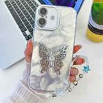 For iPhone 16 Plus Plating Glitter Lens Film Texture Butterfly Holder Wristband Phone Case(White Feathers)