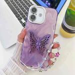 For iPhone 16 Plus Plating Glitter Lens Film Texture Butterfly Holder Wristband Phone Case(Purple Feather Yarn)