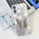 For iPhone 16 Plus Plating Glitter Lens Film Texture Butterfly Holder Wristband Phone Case(White Tinfoil Texture)