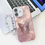 For iPhone 16 Plus Plating Glitter Lens Film Texture Butterfly Holder Wristband Phone Case(Pink Tinfoil Texture)