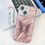 For iPhone 15 Plating Glitter Lens Film Texture Butterfly Holder Wristband Phone Case(Pink Water Ripples)