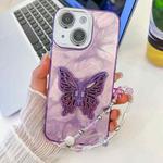 For iPhone 15 Plating Glitter Lens Film Texture Butterfly Holder Wristband Phone Case(Purple Feathers)