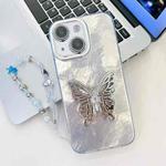 For iPhone 15 Plating Glitter Lens Film Texture Butterfly Holder Wristband Phone Case(White Tinfoil Texture)