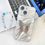 For iPhone 14 Plating Glitter Lens Film Texture Butterfly Holder Wristband Phone Case(White Water Ripples)