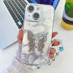 For iPhone 14 Plating Glitter Lens Film Texture Butterfly Holder Wristband Phone Case(White Feathers)