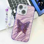 For iPhone 13 Plating Glitter Lens Film Texture Butterfly Holder Wristband Phone Case(Purple Water Ripples)