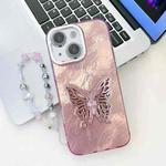 For iPhone 13 Plating Glitter Lens Film Texture Butterfly Holder Wristband Phone Case(Pink Tinfoil Texture)