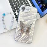For iPhone 16e Plating Glitter Lens Film Texture Butterfly Holder Wristband Phone Case(White Water Ripples)